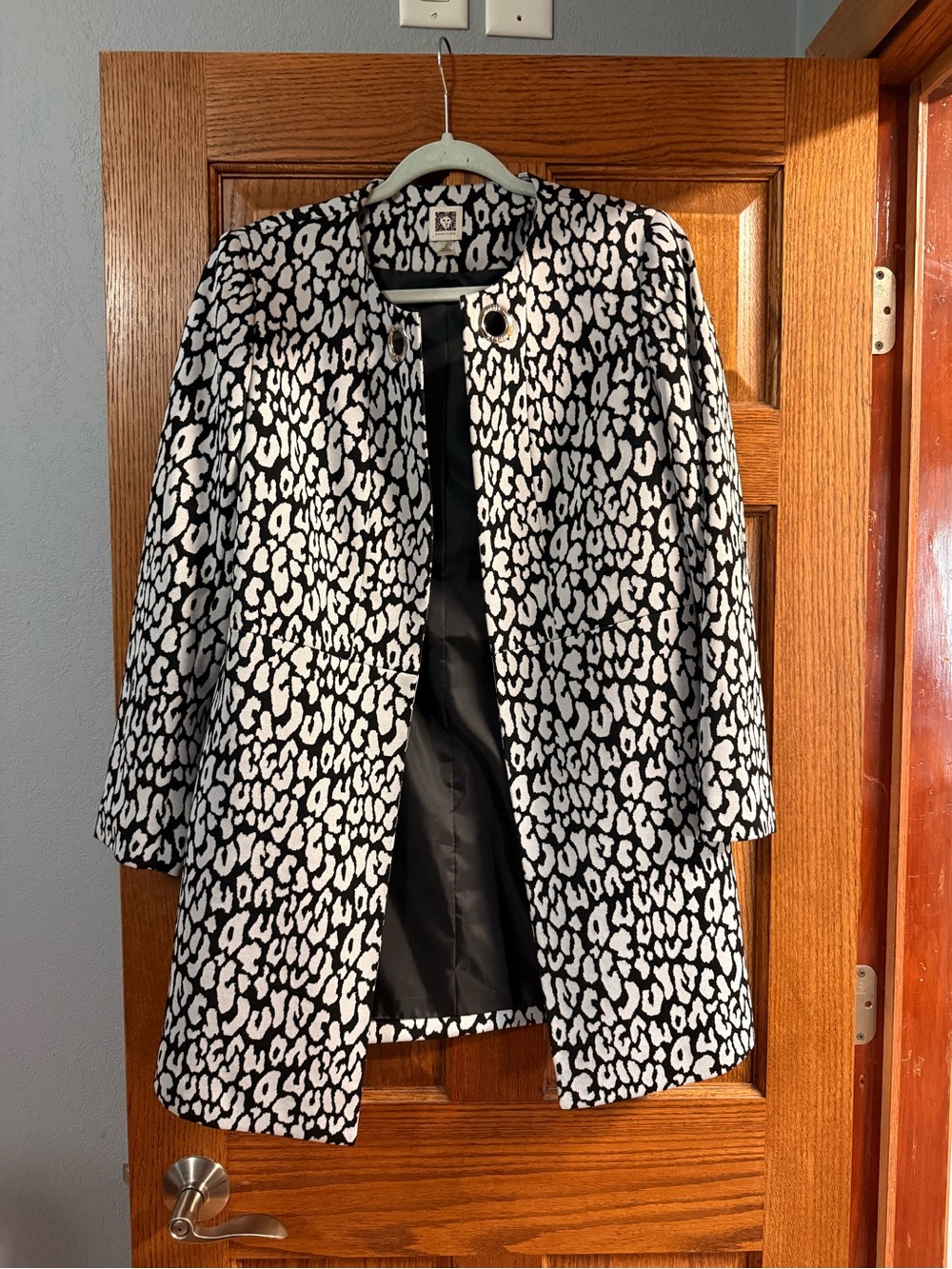 Anne Klein Black and White Leopard Print Trench Coat